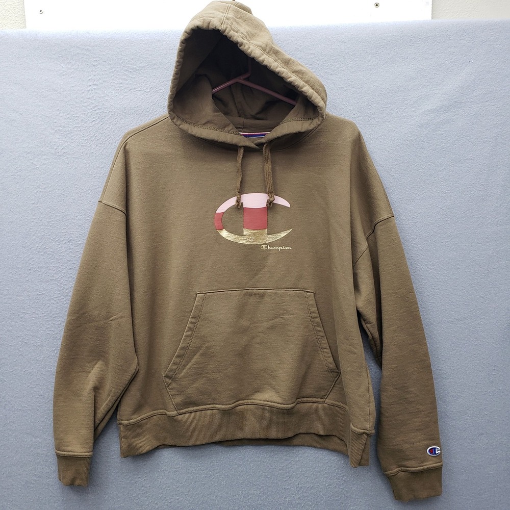 Champion Hoodie Sweatshirt Brown Pink Camo Logo Front Gorpcore Lounge Streetwear